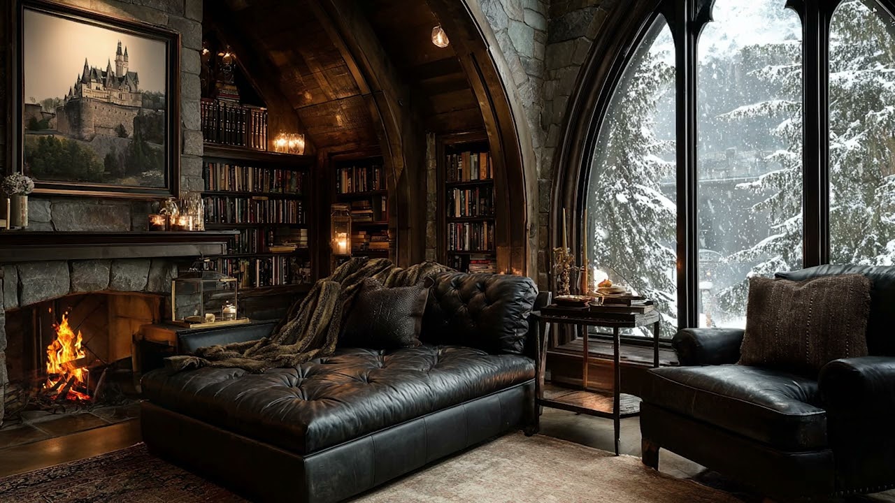 Winter Piano Room | Cozy Cabin Retreat with Crackling Fire and Gentle Piano During a Snowstorm