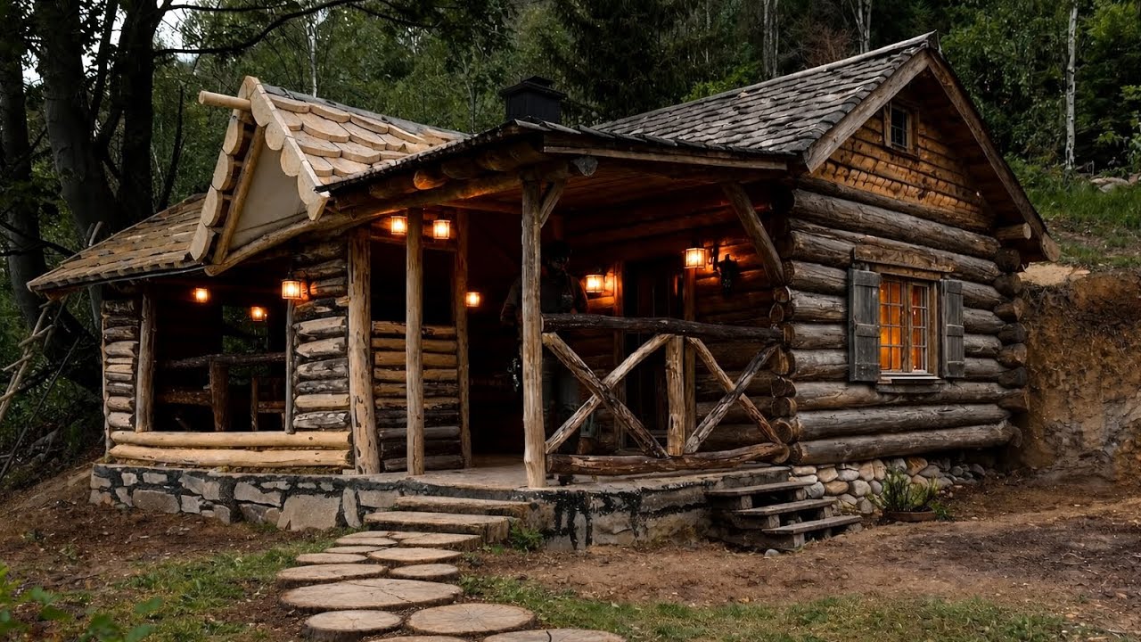 45 Days This Man Building a Secret Log Cabin in The Woods With No Power Tools.