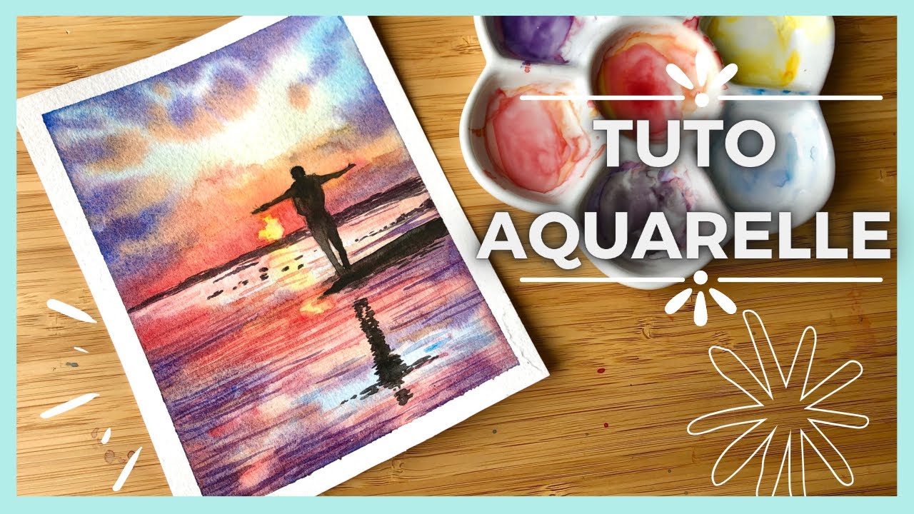 TUTO | Coucher de soleil sur la mer peinture - tuto aquarelle facile d&eacute;butant