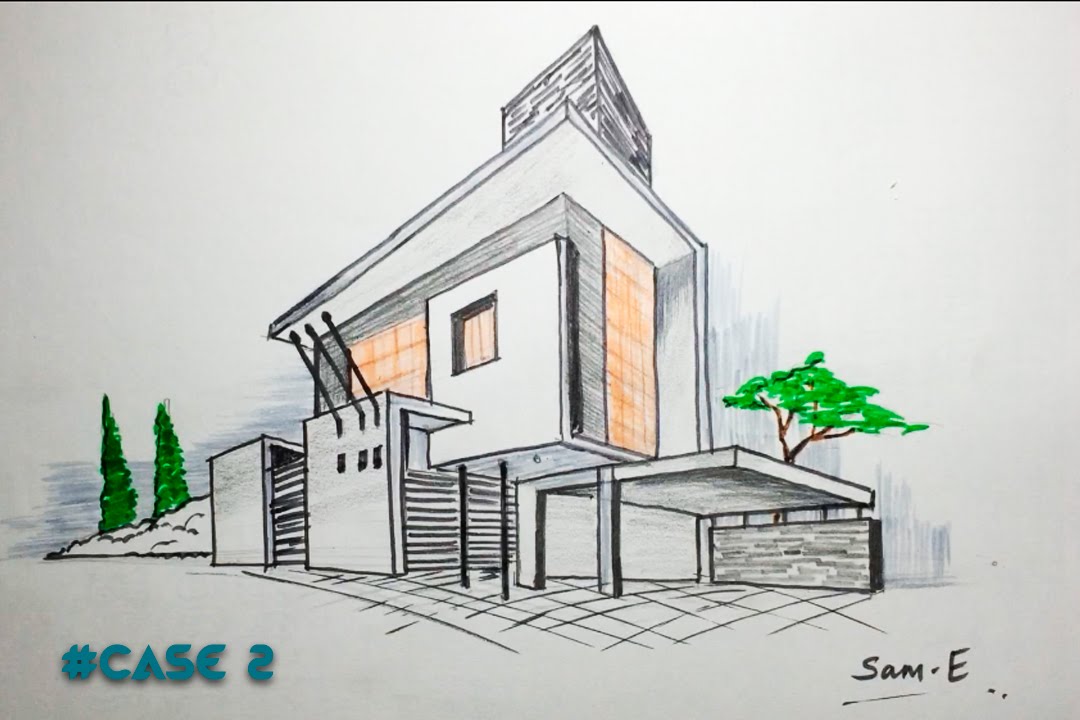 2 point perspective house case2 :architectural freehand
