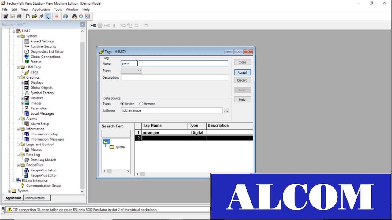Crear conexiones y tags en HMI, Factorytalk, STUDIO 5000