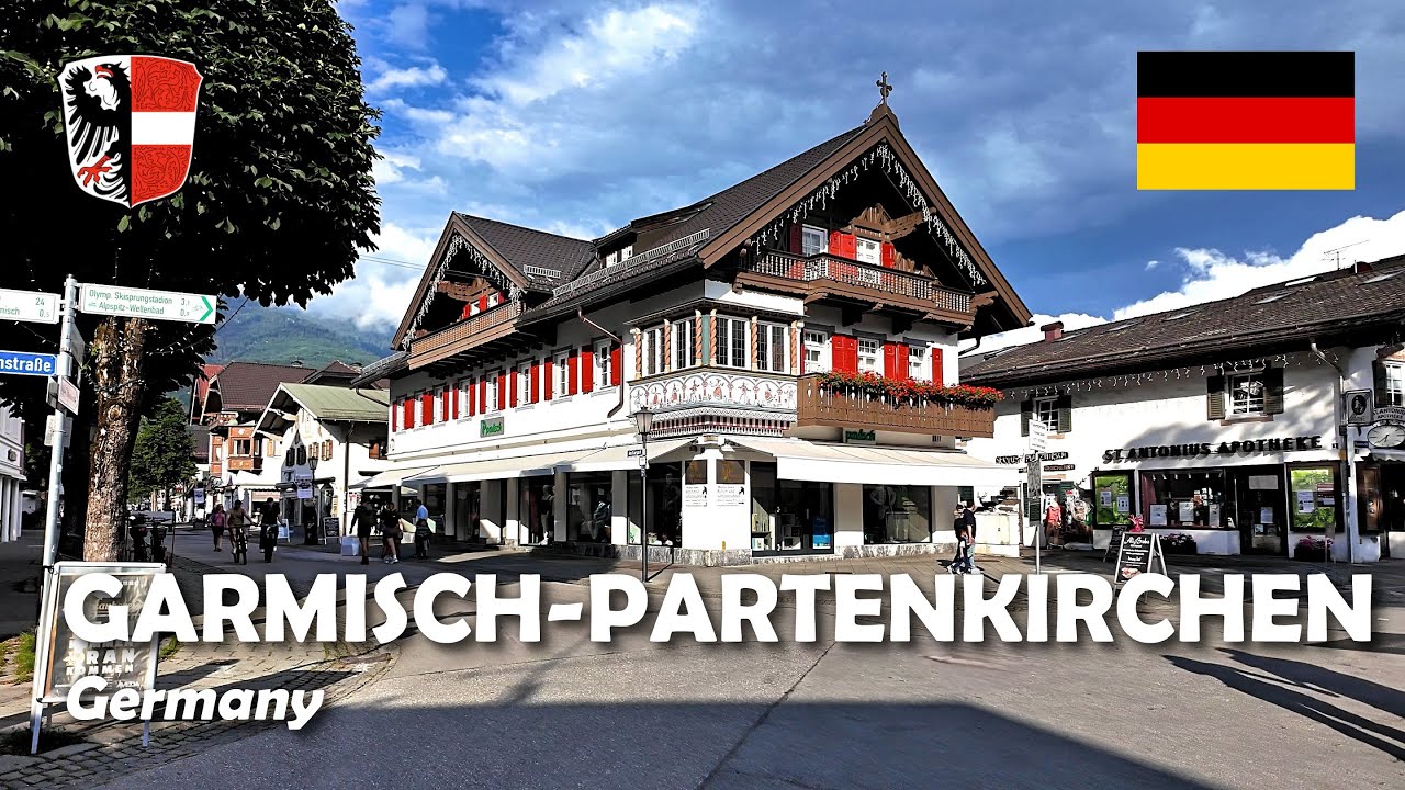 Garmisch-Partenkirchen, Germany. A walking tour in Alpine town. 4K