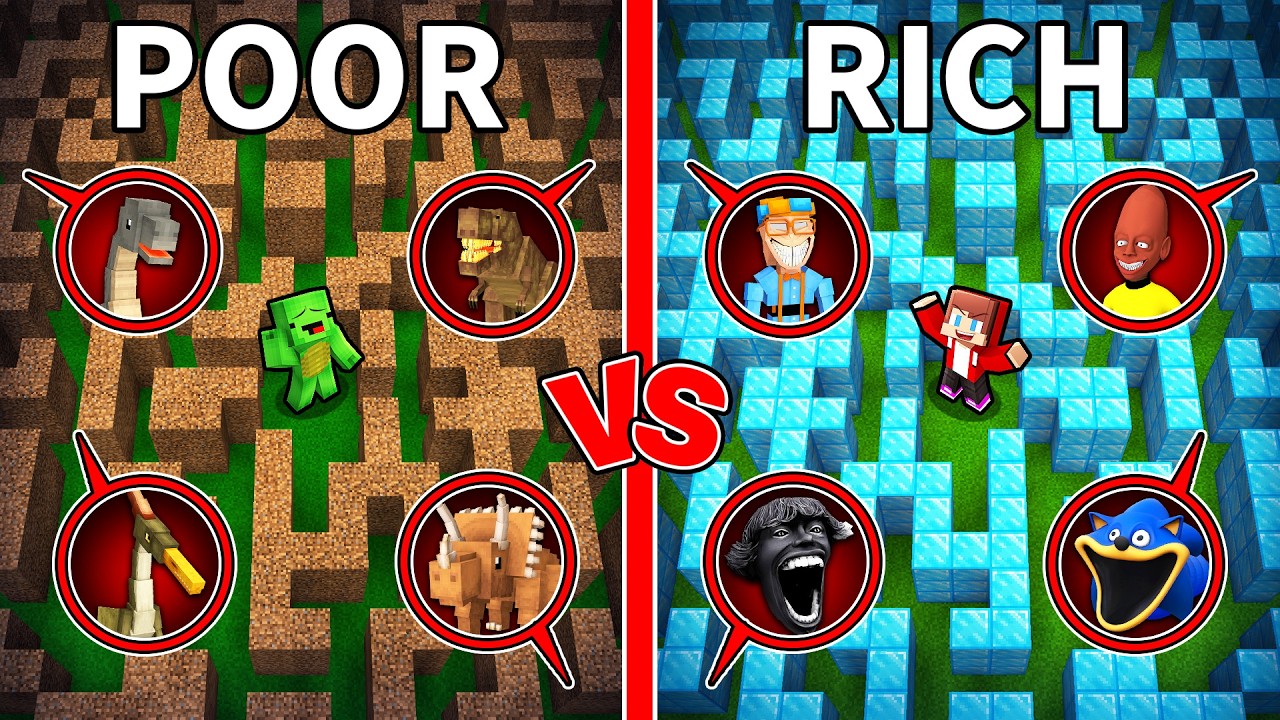 Mikey Family POOR vs JJ Family RICH Mob Maze Battle in Minecraft (Maizen)