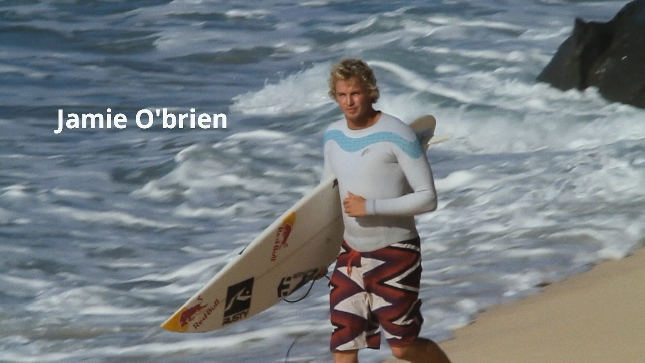 Archive footage of Pro Surfer Jamie O'Brien surfing in Hawaii and Tahiti. 4K