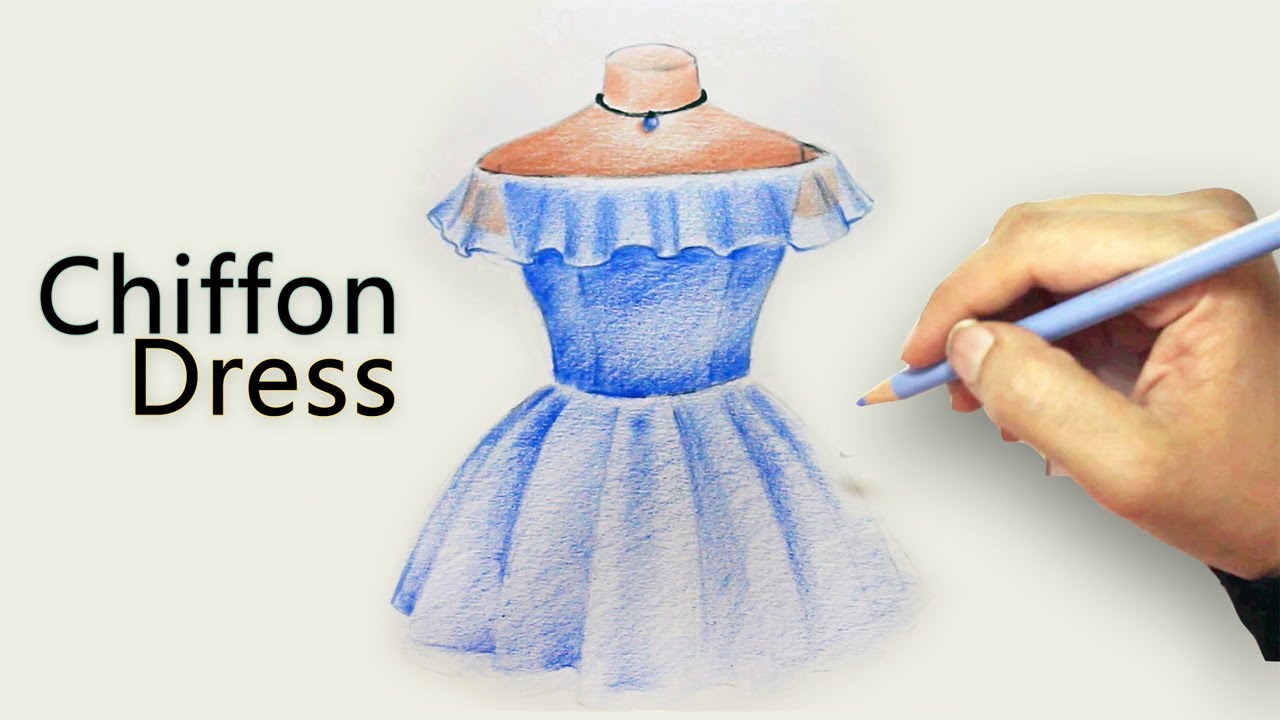 How to Draw Chiffon Dress With Colored Pencil | Fashion Illustration