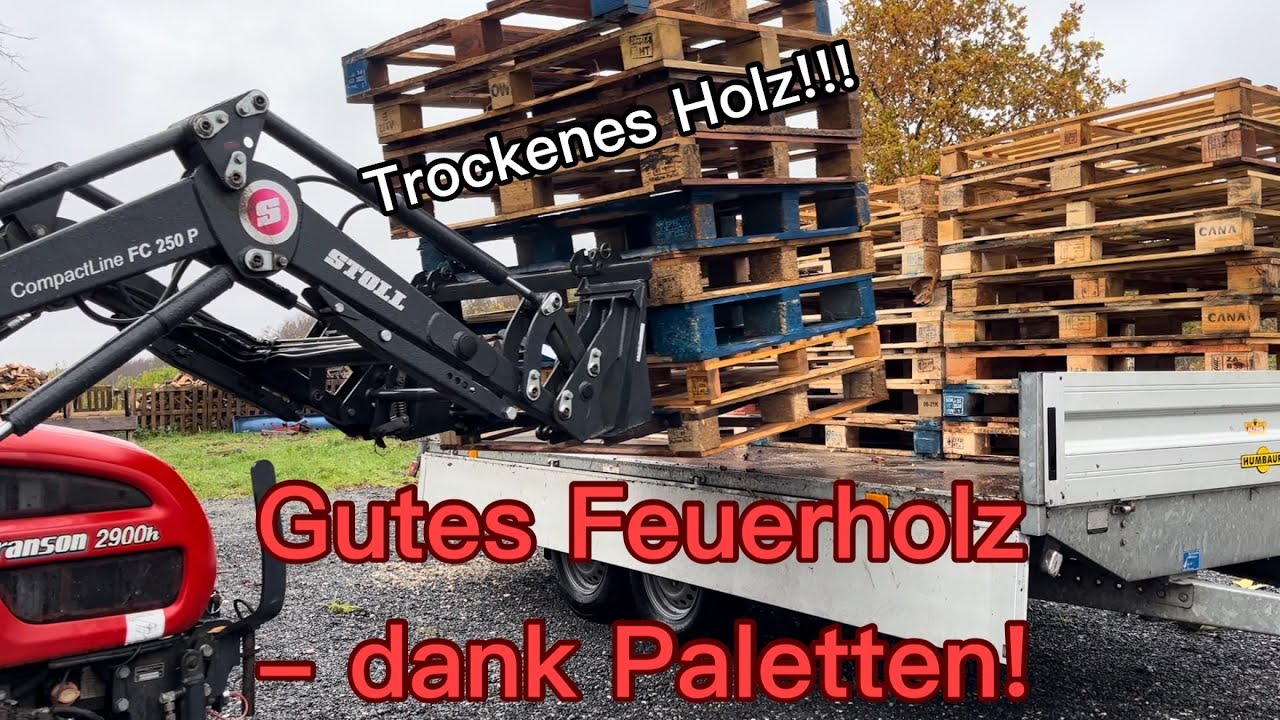 Brennholz auf Paletten - Frontladerarbeiten mit Branson, mehr Lagerplatz fürs Feuerholz