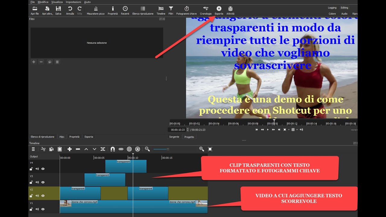 Aggiungere testo ai video che scorre in alto con il filtro Text Rich di Shotcut