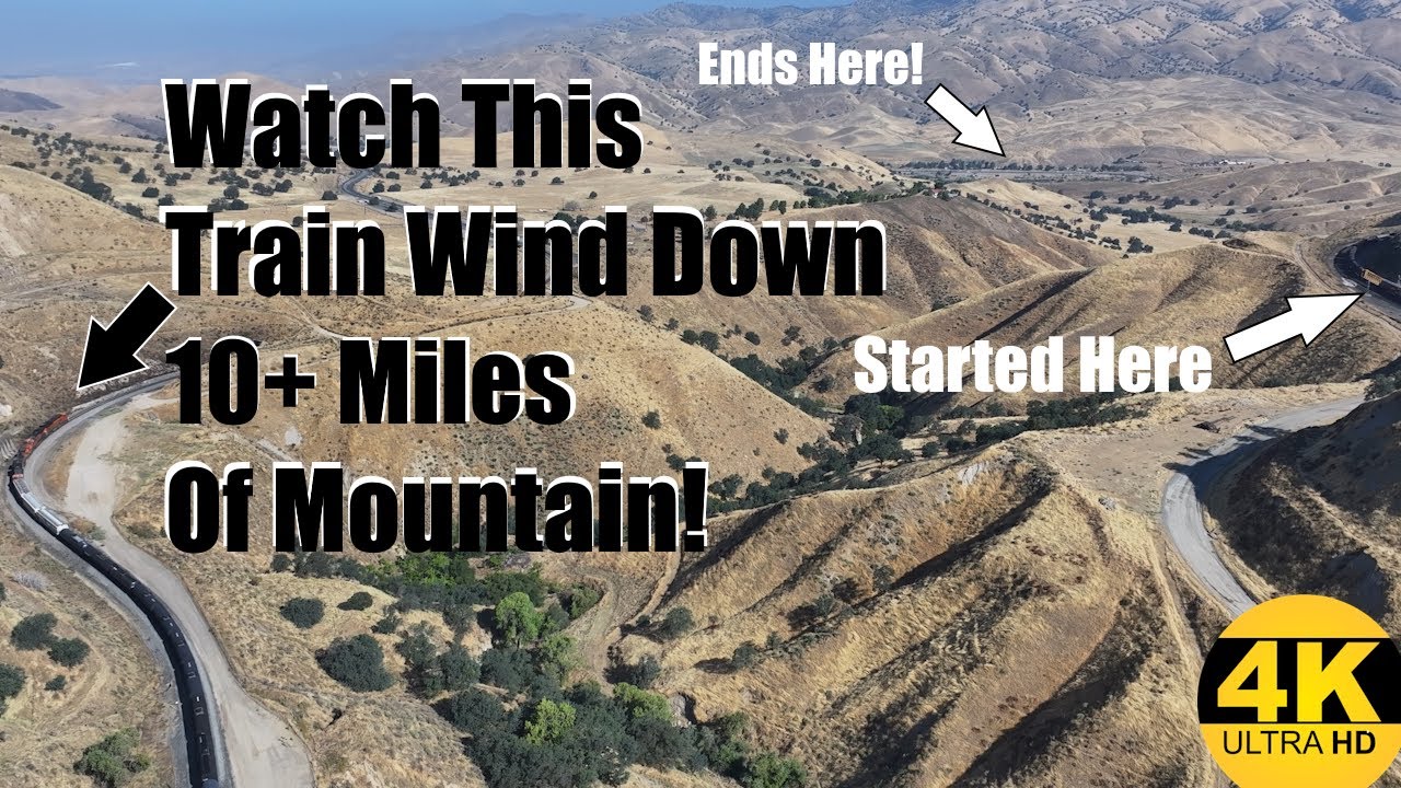 LONG Train Descends Tehachapi Pass - 4K HD Drone Footage