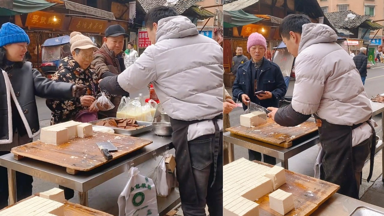 The stall sells tofu, which is freshly made and sold on February 15st.