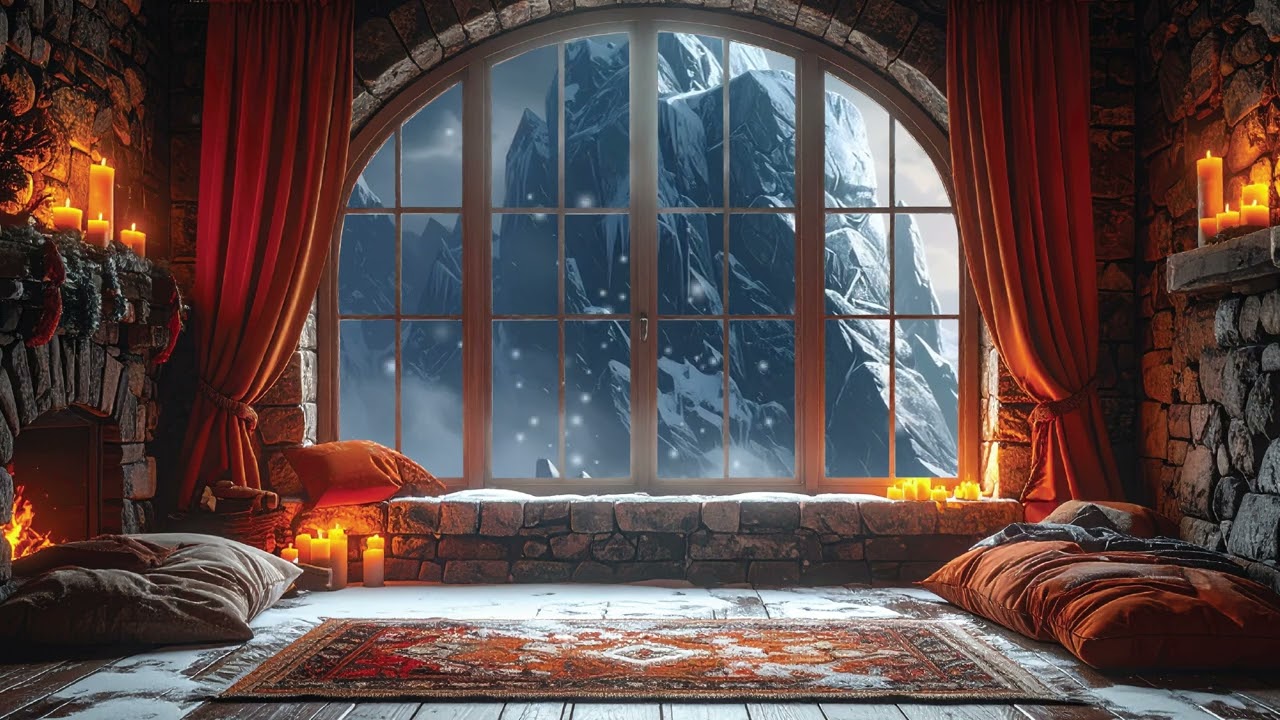 Medieval Castle Window in Winter | Cozy Snowfall & Relaxing Music