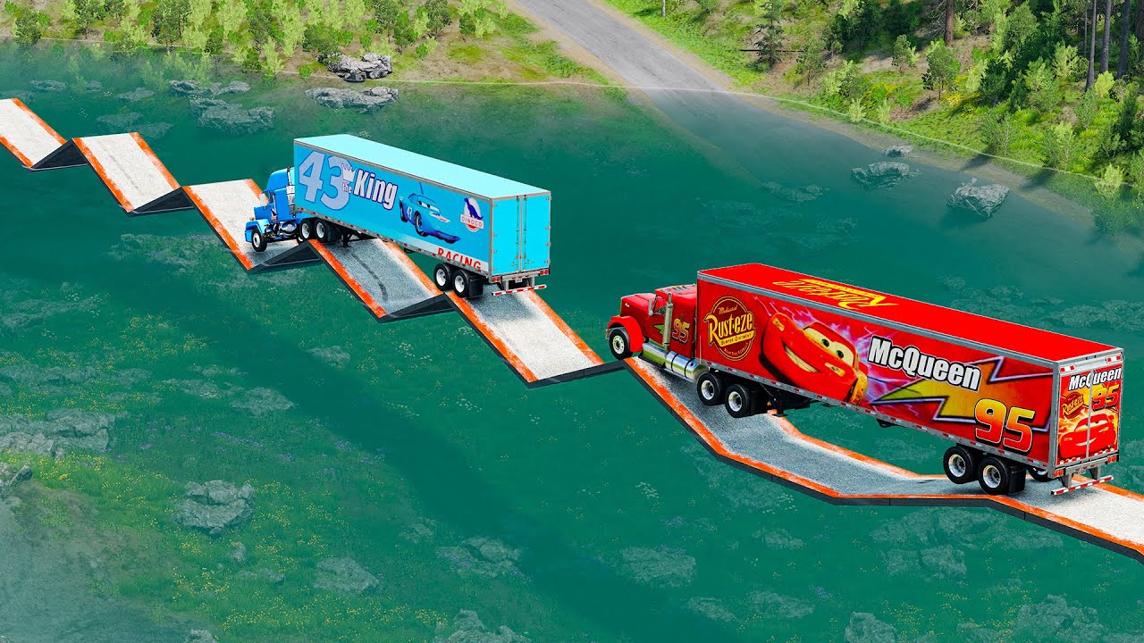 Mack truck vs Dinoco vs Impossible Wave Bridge Truck Car Rescue -Cars vs Deep Water-BeamNG.drive