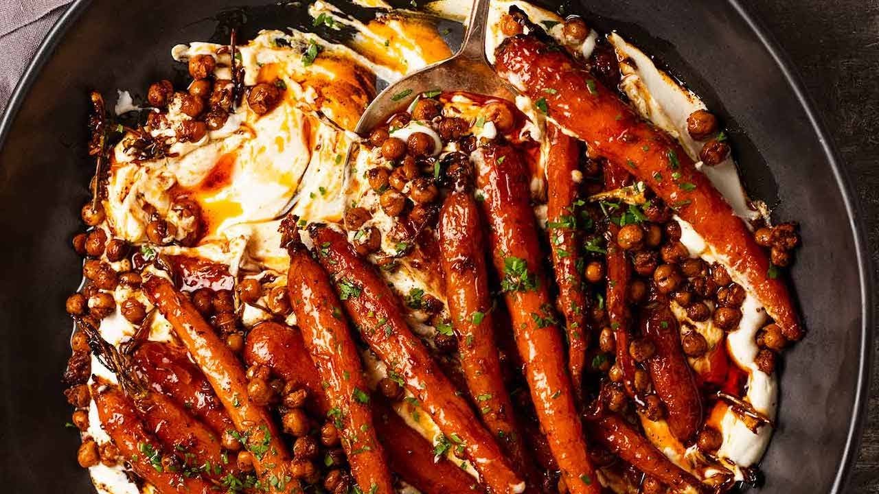 Spicy Maple Carrots with Crispy Chickpeas and Yogurt Sauce