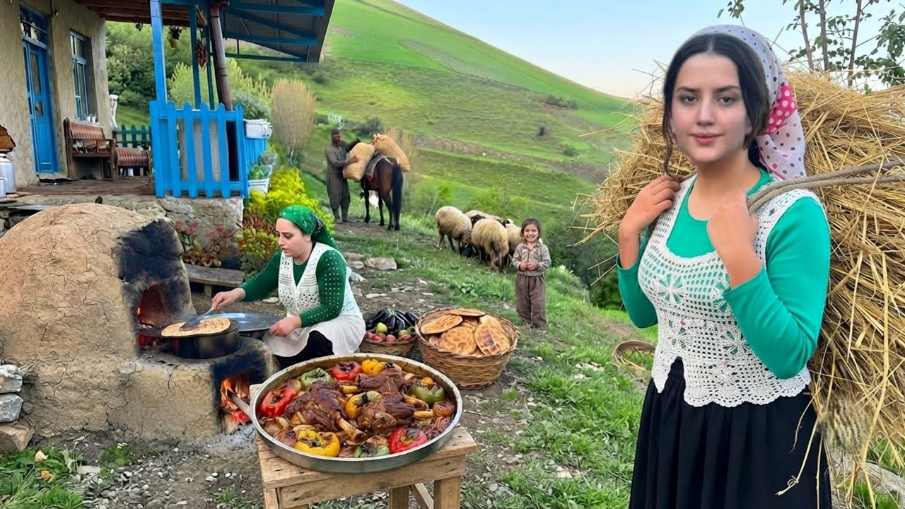 IRAN Rural life; Cooking lamb shank and fresh bread