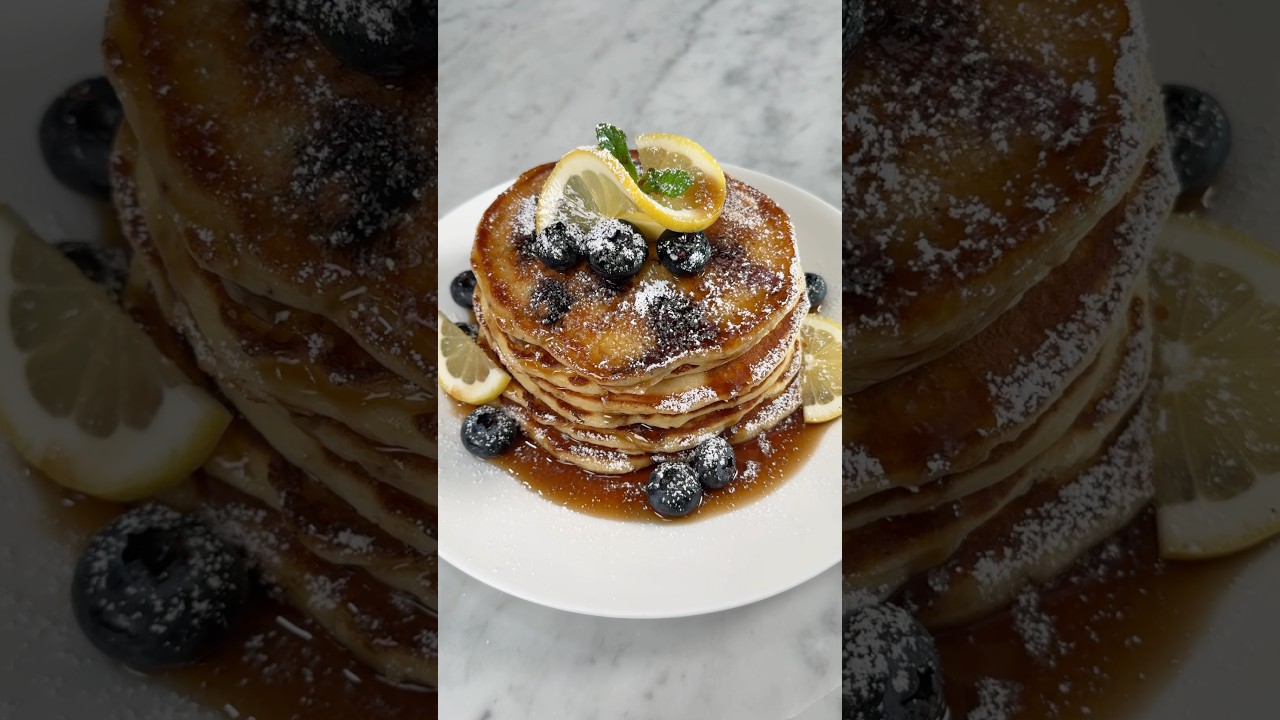Lemon Blueberry Ricotta Pancakes 🥞 (Recipe in the description) #cooking #foodshorts #shorts