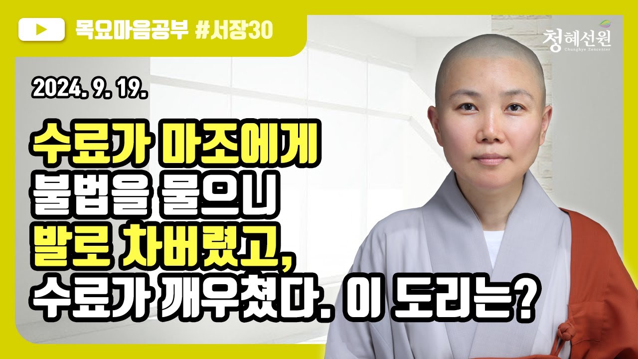 2024.09. 19. [청혜선원] 목요공부ㅣ대혜서장 제30회 “수료가 마조에게 불법을 물으니 발로 차버렸고, 수료가 깨우쳤다. 이 도리는?”