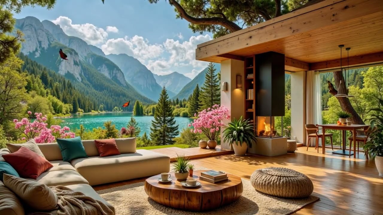 Gentle Jazz in Peaceful Spring for Focus | Calm Jazz & Fireplace for Study, Work