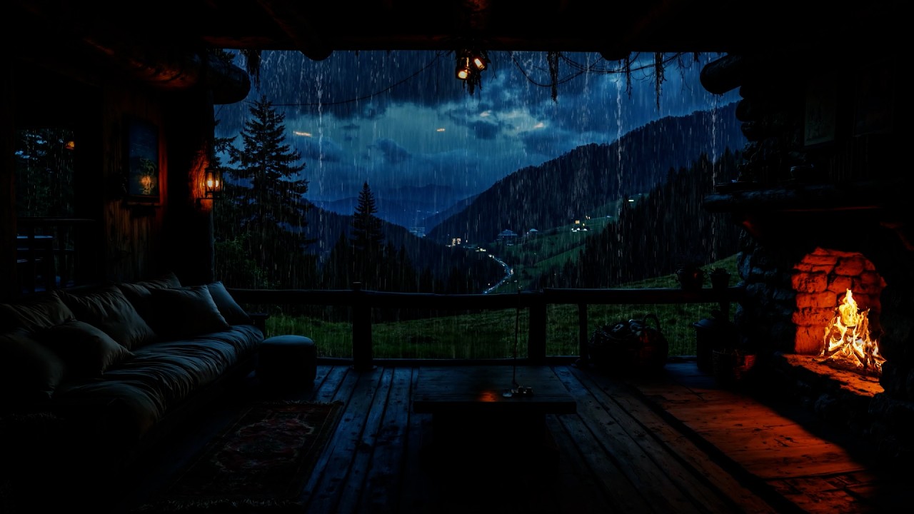 Rainy Night in a Forest Cabin with Fireplace Sounds | Heavy Rain and Thunderstorm Ambience for Sleep