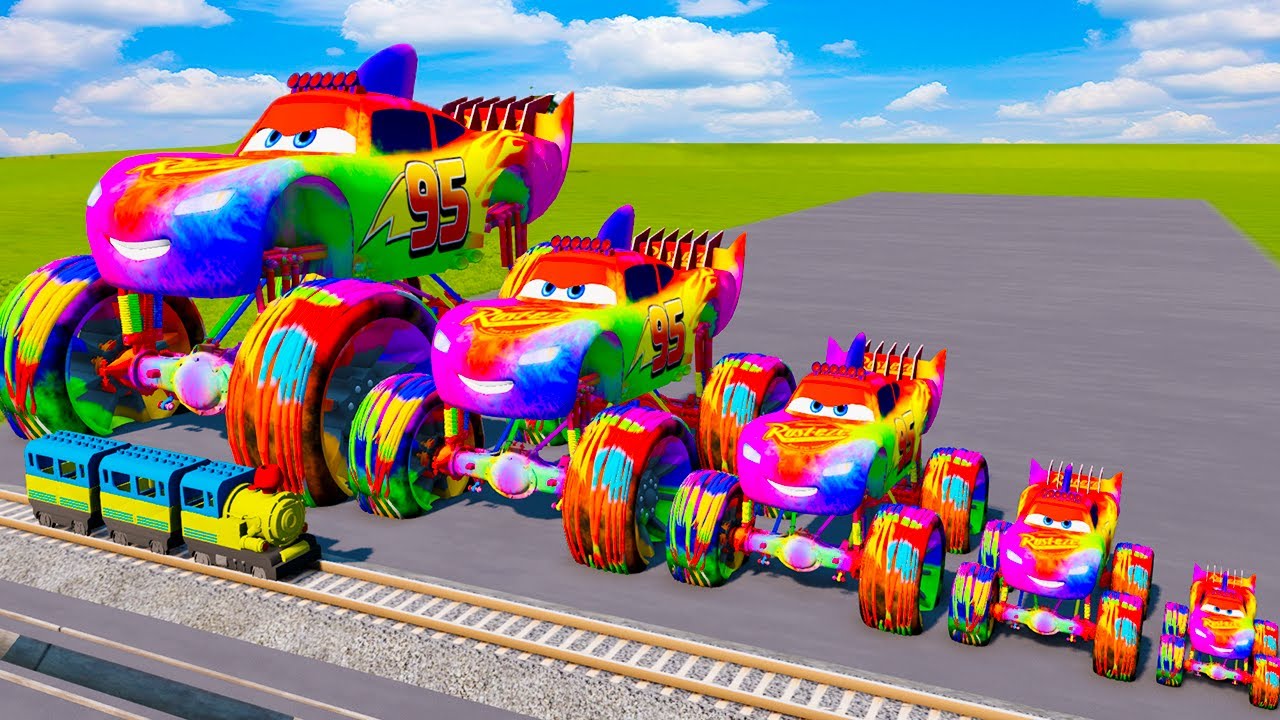 Big & Small Rainbow Police Lightning McQueen vs Train Thomas | BeamNG.Drive