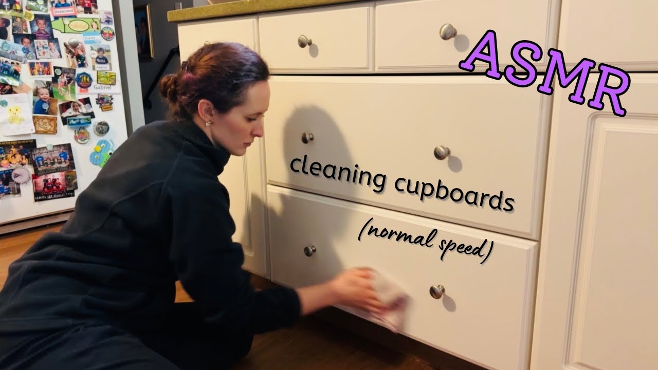 Comforting cleaning my kitchen cupboards w/ a cloth. Normal speed. #asmrcleaning #nomidrollads 