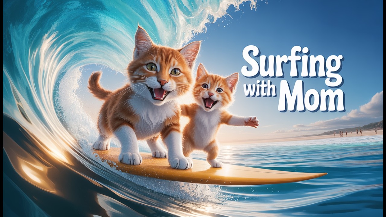 Baby Kitten Surfs for the First Time! A Proud Moment for the Mama Cat ❤