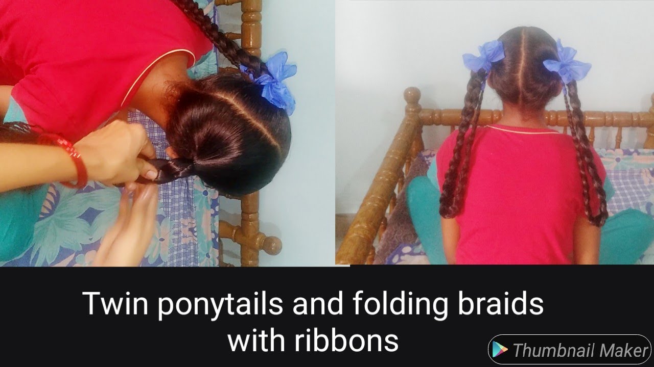School time hairstyle | Twin ponytail and folding braids with ribbons...