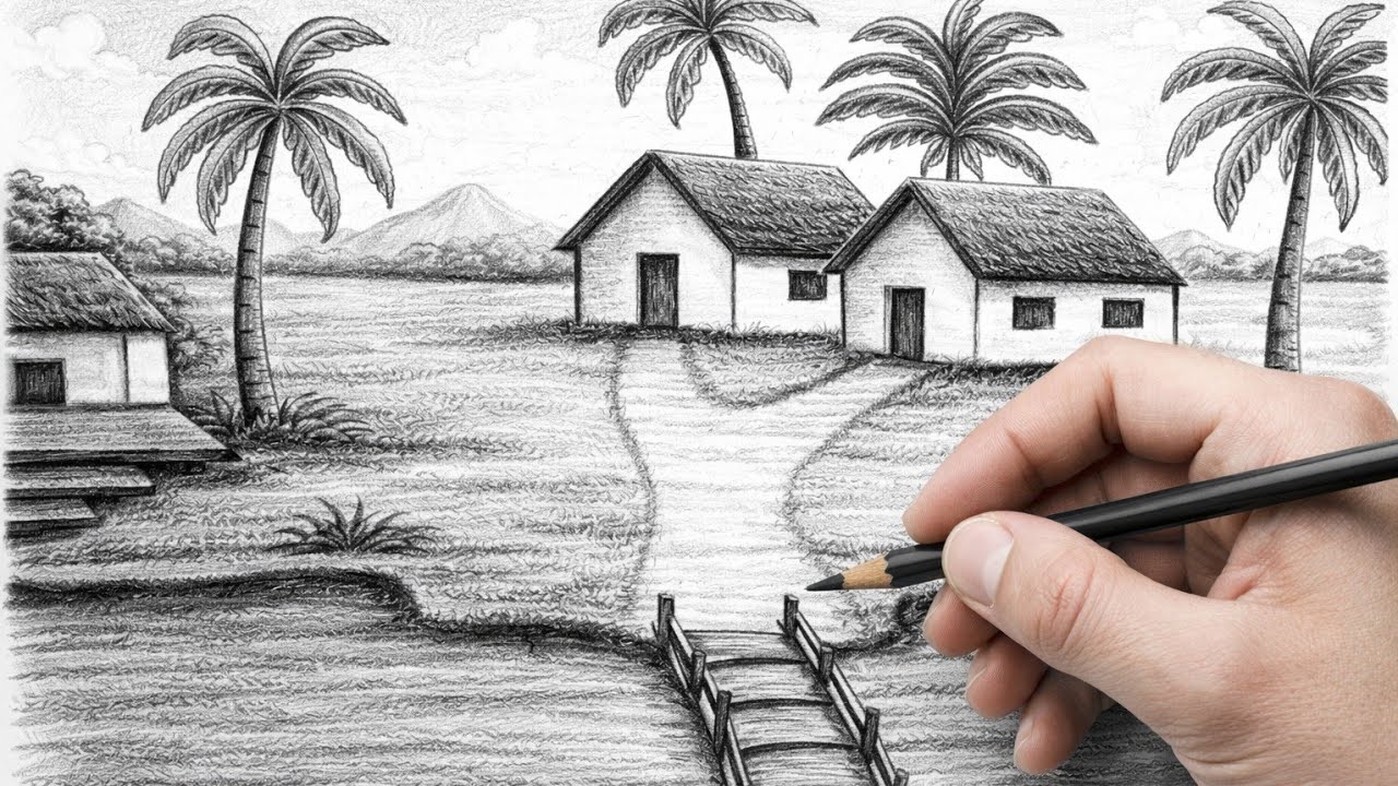 Scenery Drawing Easy for School Competition | Village River Landscape Pencil Sketch Step by Step
