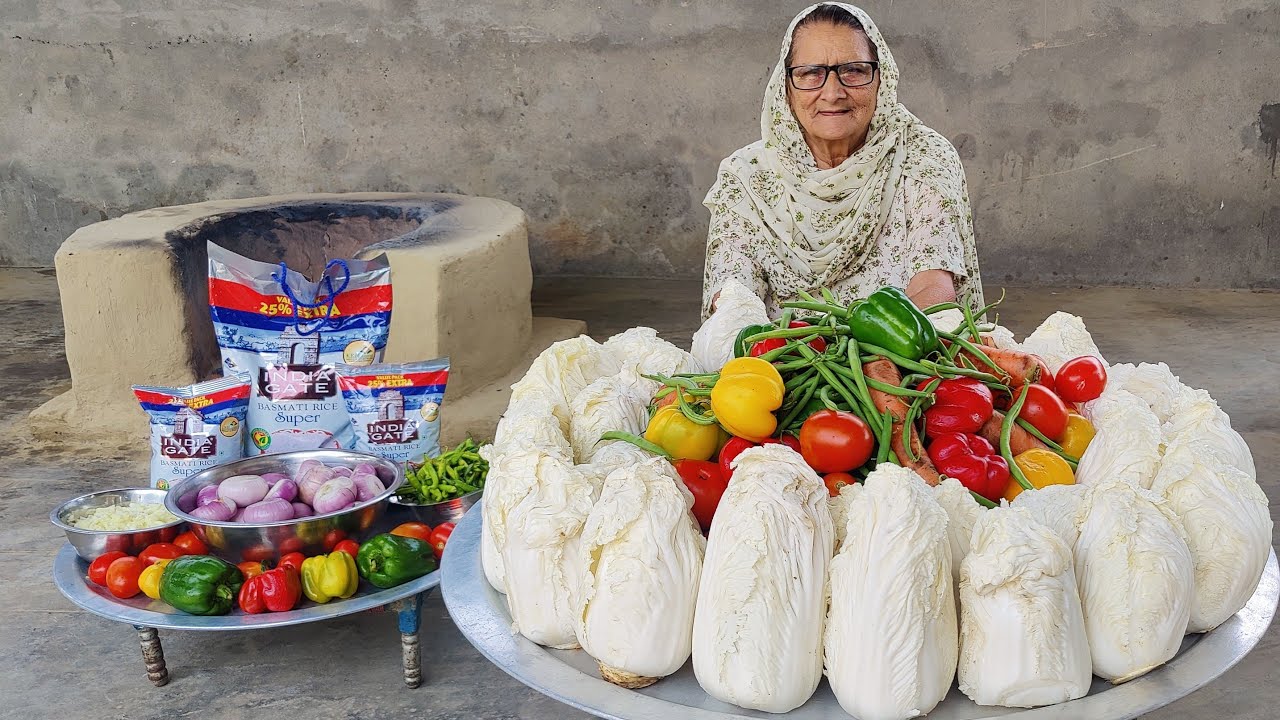 CHINESE CABBAGE WITH FRIED RICE | CHINESE RECIPE | VEG FRIED RICE RECIPE | VEG VILLAGE FOOD