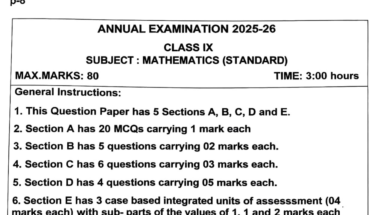 Class-9 Maths / Annual Exam 2026 Question Paper Session Ending PM SHRI KENDRIYA VIDYALAYA Term2 SEE