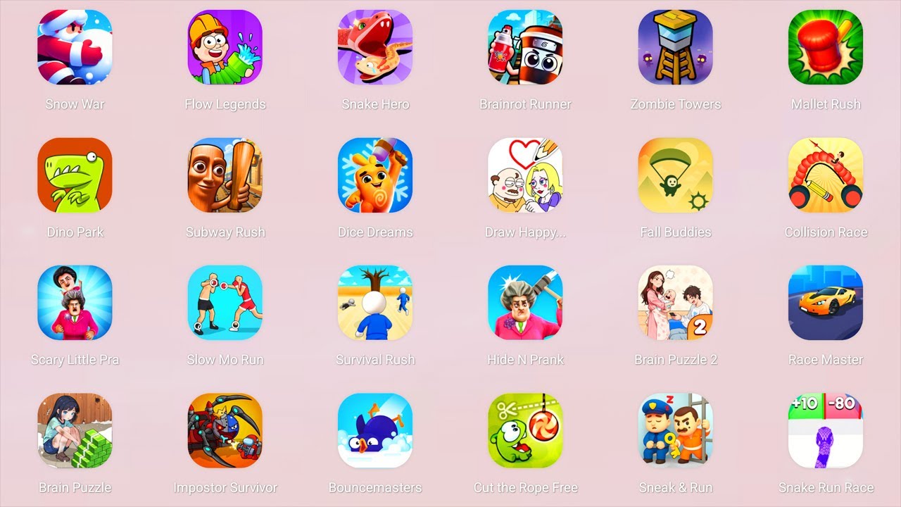 Roblox,Zombie Tsunami,Homescapes,Hill Climb Racing,Dark Riddle,Kick the Buddy ,SpongeBob,Red Ball 4,