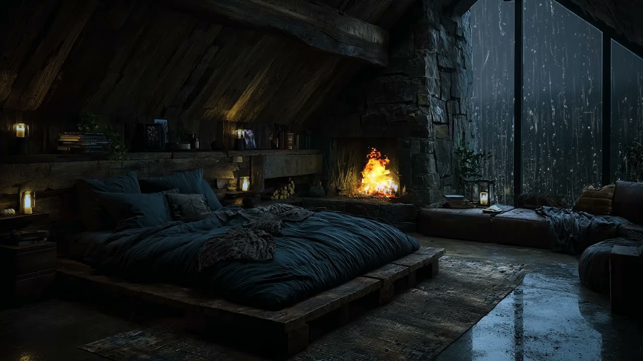 Soothing Rain Sounds in Cozy Pine Forest Cabin 🌧️ Warm Lamp & Books for Deep Sleep & Reading