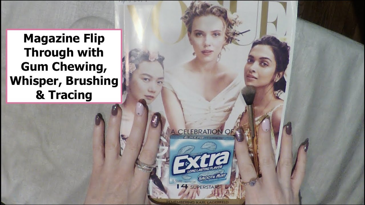 ASMR Gum Chewing Magazine Flip Through. Whisper, Brush, Tracing