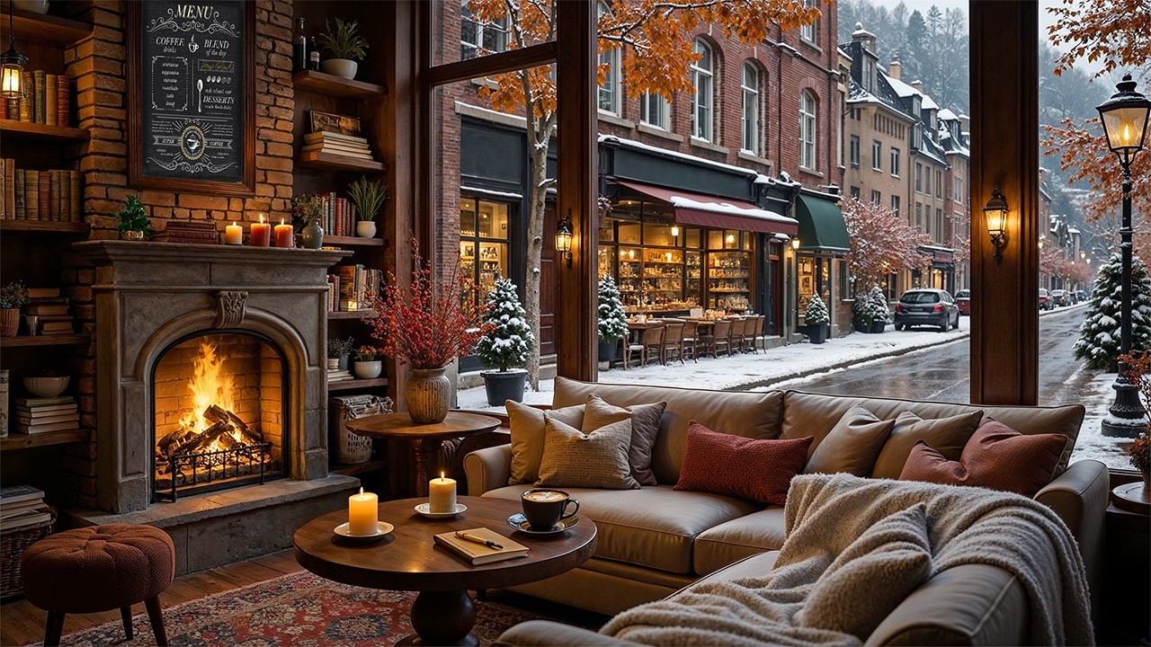 Snowy Winter Coffee Shop Jazz ❄️ Relaxing Piano & Cozy Fireplace Sounds for Study & Work