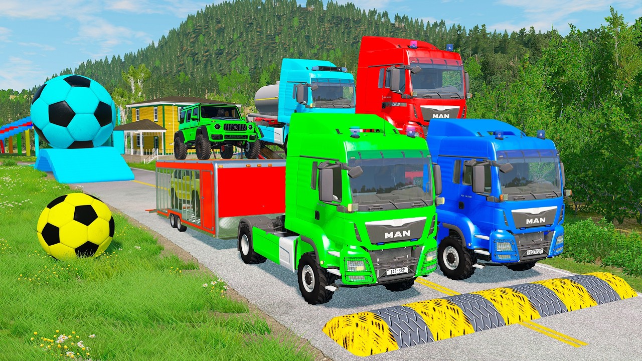 Triple Flatbed Trailer McQueen Transportation with Truck - Speedbumps vs Cars vs Train - BeamNG 0133