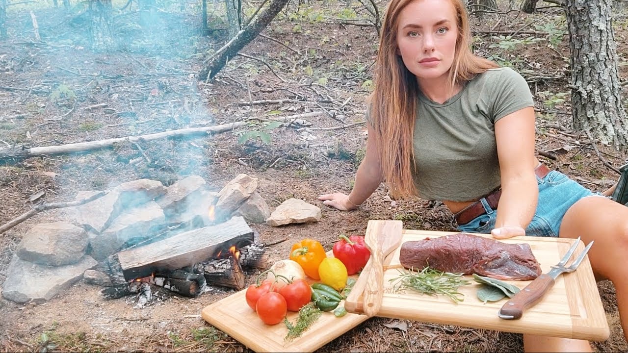 Venison Tenderloin cooked Caveman style on campfire solo in the woods. ASMR cooking. No talking.