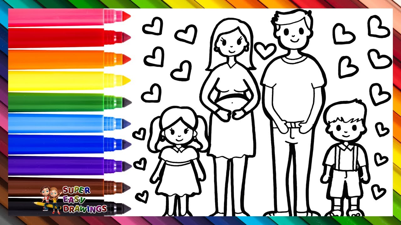 Draw And Color A Family 👩🤰👨👧👦🌈 Drawings For Kids