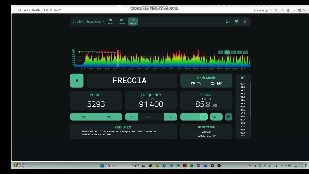 Radio Freccia. Milano, Lombardia, Italy. On 91.4 MHz on Jan. 19, 2026.