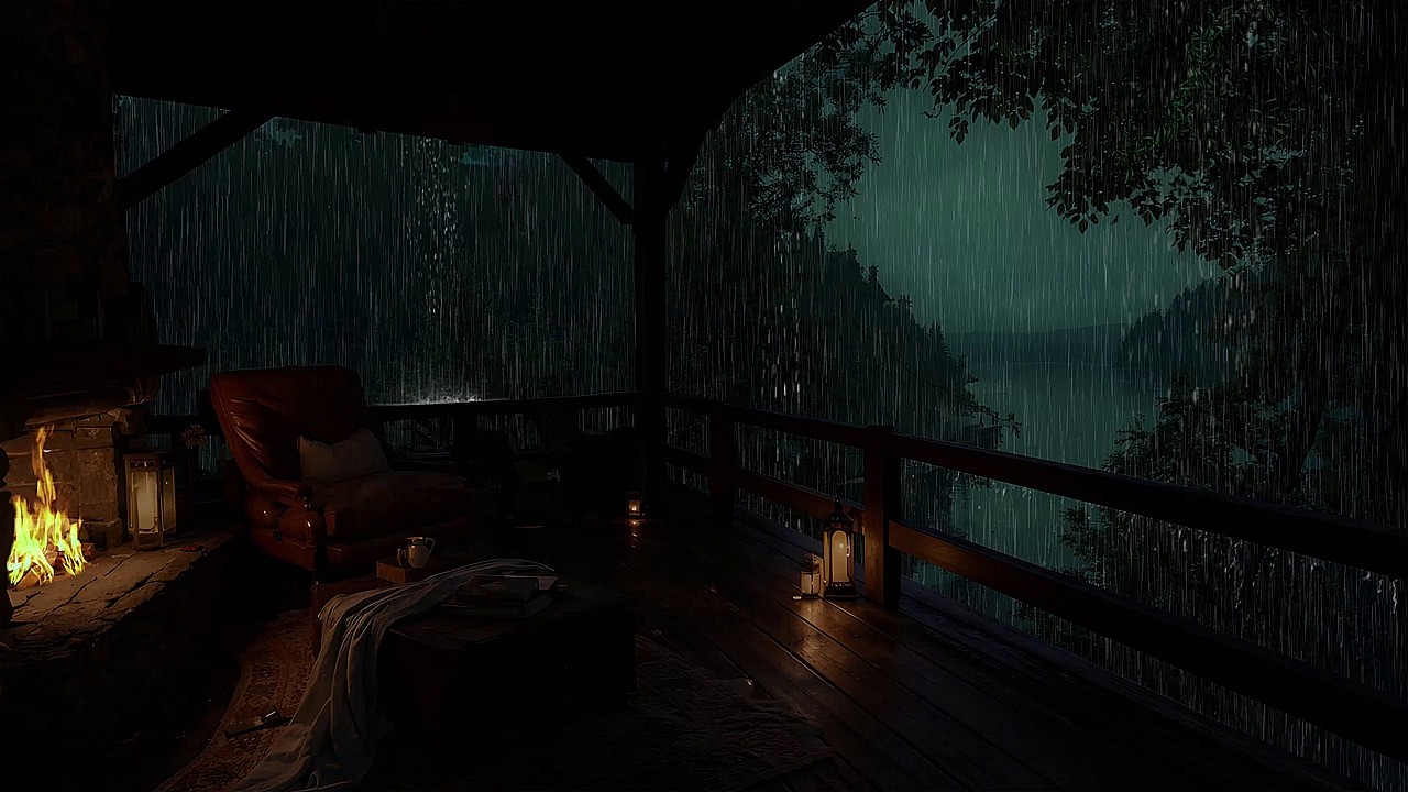 Serene Rain in a Serene Dark Forest Cabin, With a Cozy Fireplace for Restful Nights
