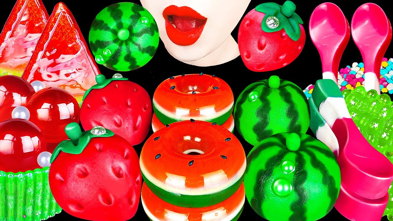 ASMR MUKBANG, Watermelon Desserts *Watermelon tanghulu, Fruits cake, Edible spoons, Tiotok jelly 먹방