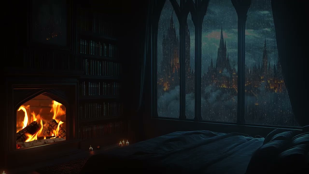 Rainstorm Outside an Ancient Castle | Cozy Bedroom Fireplace Glow by the Window | Soothing Night