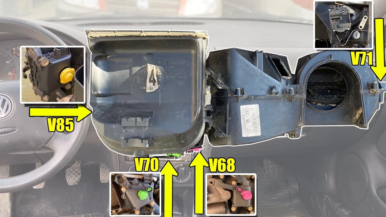 Locatie servomotorase V68, V70, V71, V85 clapete ventilatie Climatronic VW Golf 4, Bora, Skoda, Seat