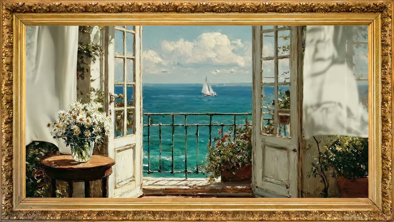 Coastal Balcony View: screensaver live wallpaper for tv 4K | Relaxing cafe music