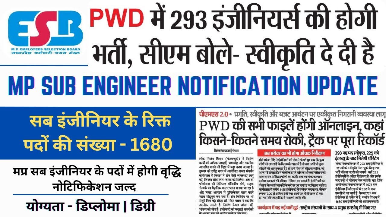 MP SUB ENGINEER 2026 NOTIFICATION UPDATE || Approval for 293 Sub Engineer posts in PWD