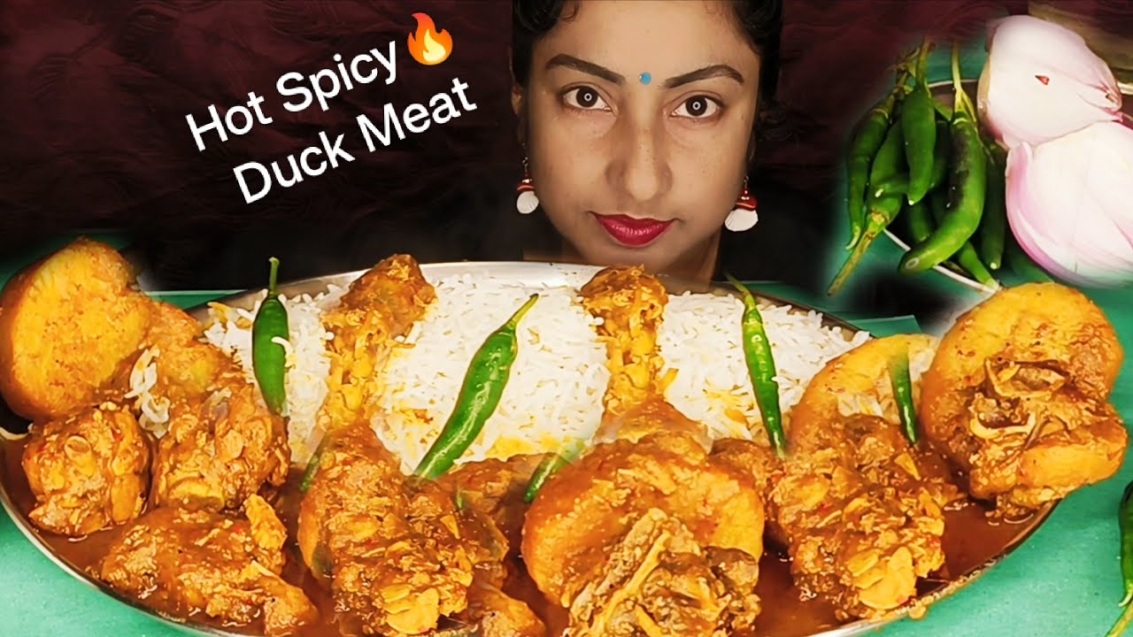 Hot🥵Spicy Duck🦆Meat Curry Basmati Rice Green Chillies🌶️Onion🧅 Eating Spicy🔥Lunch Mukbang ASMR Show