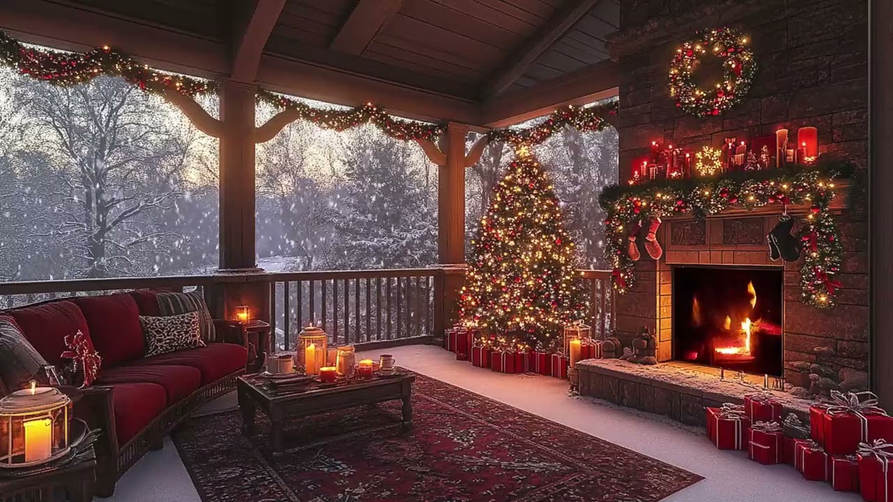 Serene Christmas Porch Vibes 🎄 Soothing Snowfall and Warm Fireplace Crackles for Ultimate Relaxation