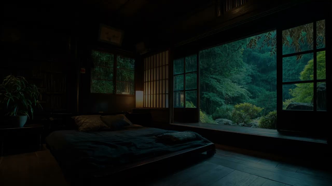 Moonlit Rain In A Traditional Japanese Bedroom Overlooking Whispering Forest Pines
