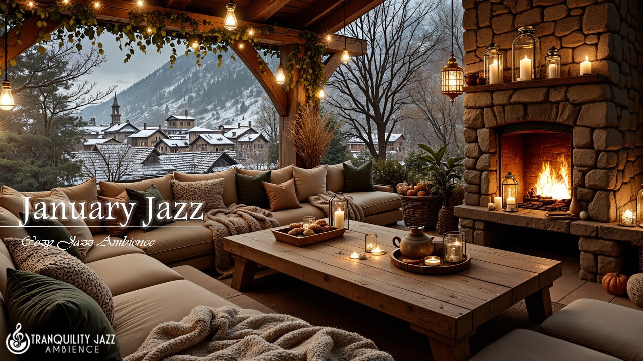 Cozy Rooftop Cafe Ambience With Jazz Music | Soothing January Jazz & Warm Fireplace For Study, Wo...