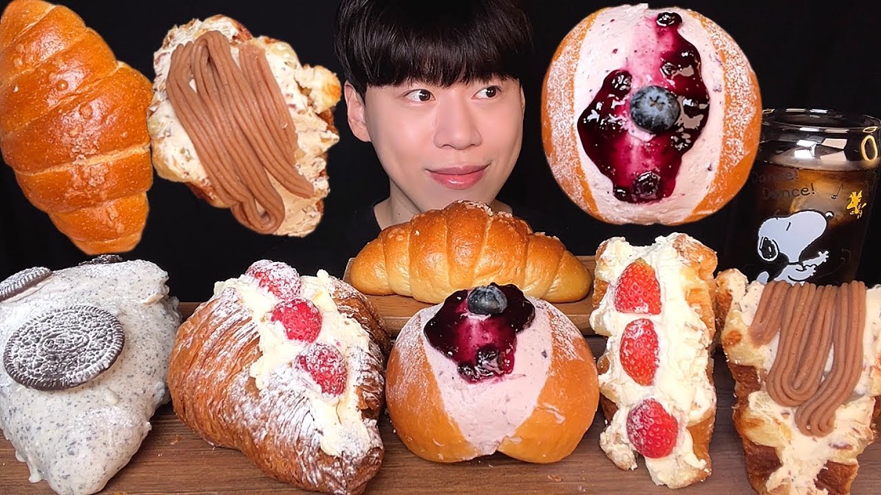 SUB)Корейский десертный круассан, кроффл, шоу поедания булочек с соленым маслом│dessert mukbang asmr