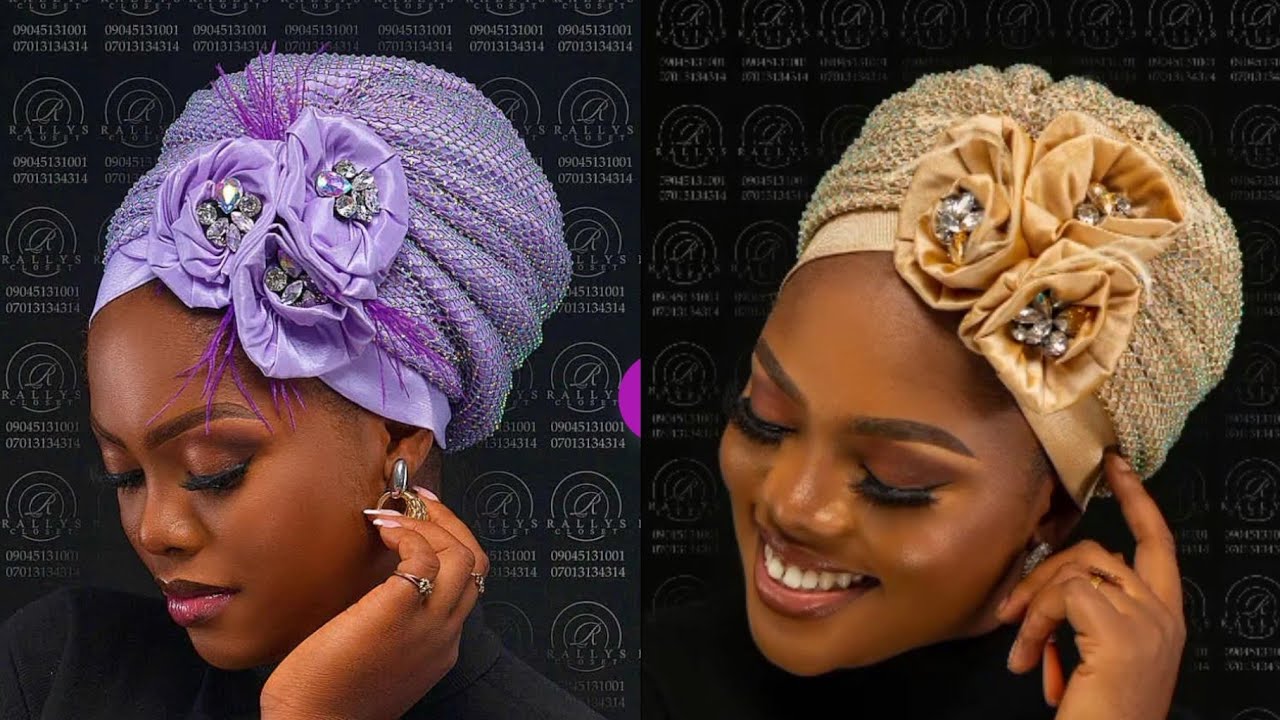 Gathered/Pleated Turban Cap with Rhinestone and Rose Design