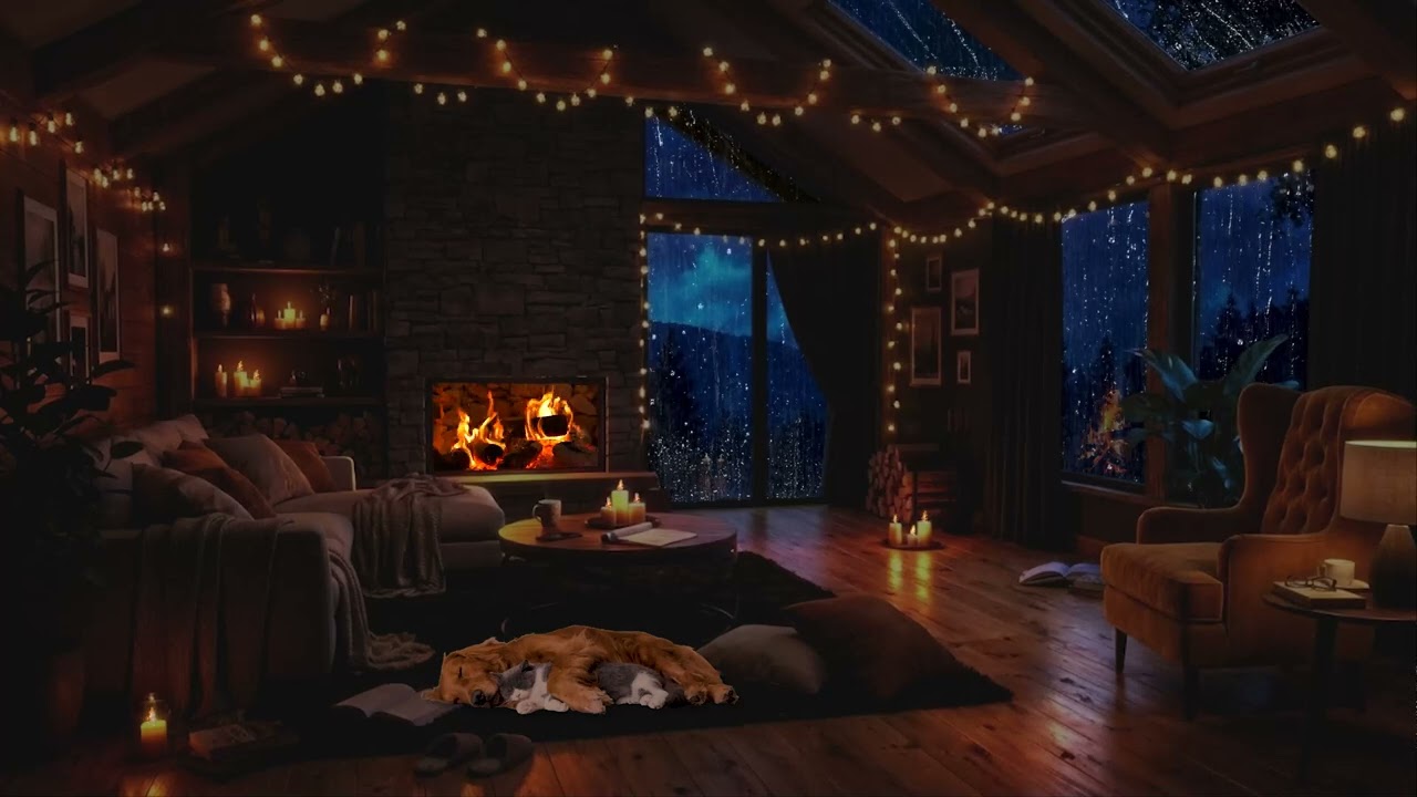 Rainy Mountain Night 🌧️🔥 Cozy Fireplace in Wooden Loft | Thunderstorm & Rain Sounds for Deep Sleep