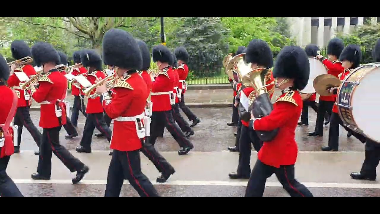 Band of the Grenadier Guards and Scots Guards Band returning following the King's Coronation.